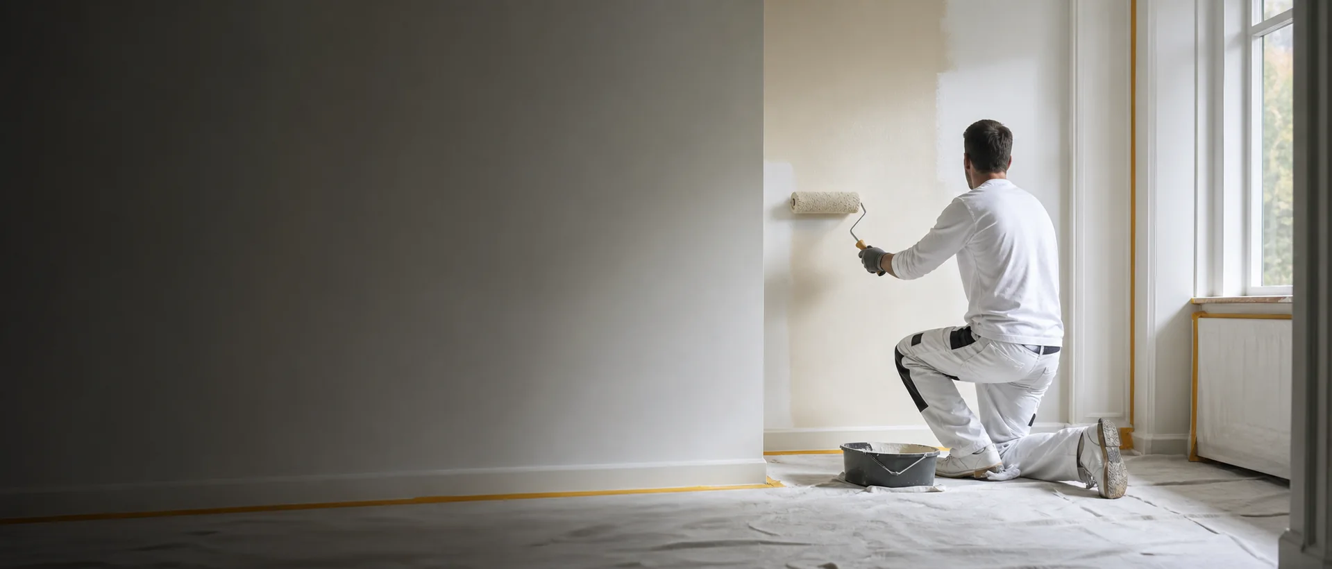 Symbolbild: Maler bei sorgfältigen Innenarbeiten an einer vorbereiteten Wand